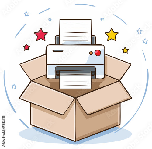 Cartoon Style Printer Printing Documents in Cardboard Box with Stars