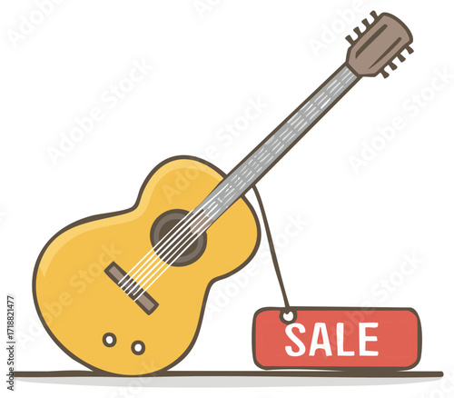 Acoustic Guitar Advertisement with Sale Tag attached Isolated on White Background