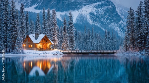 Winter cabin on lake reflecting lights bridge to forest snowcapped mountains behind