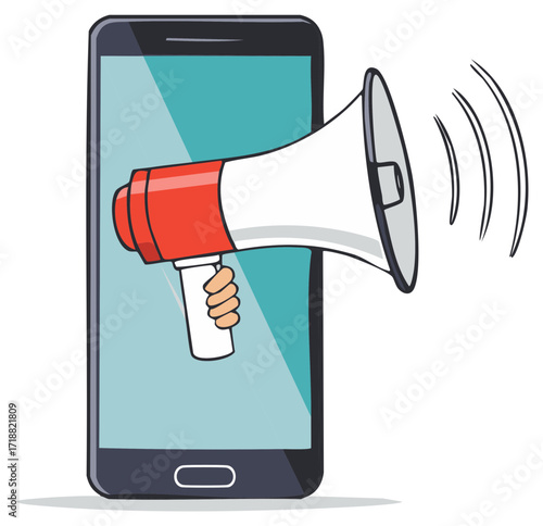 Cartoon hand holding megaphone on mobile phone emitting sound waves for promotion, alert, and communication.