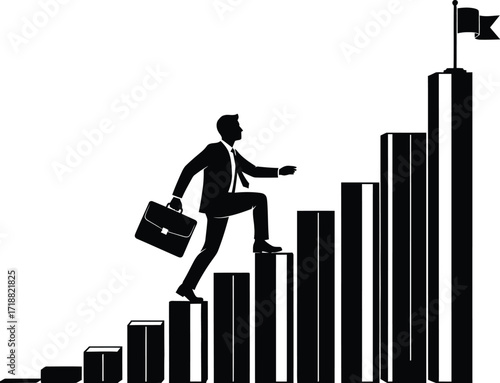 Silhouette of a determined businessman climbing stairs towards a goal flag, symbolizing success and ambition.