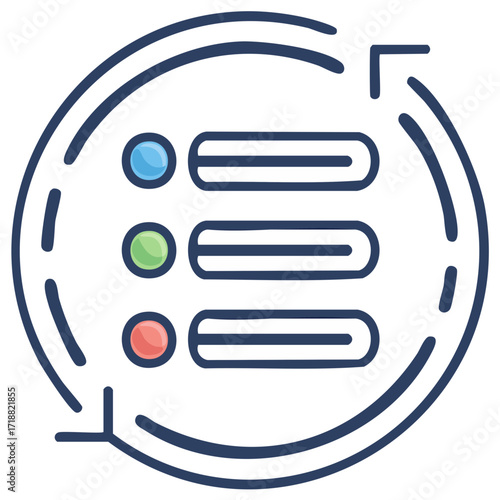 Workflow process list with circular refresh arrow and colored options icon