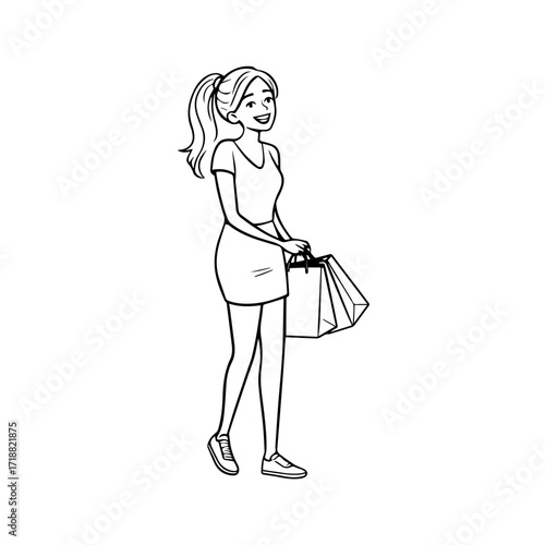 Black and white line art of a beautiful happy woman carrying shopping bags minimalist cheerful illustration