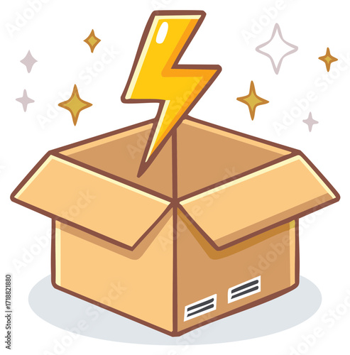 Open cardboard box with glowing lightning bolt and shining stars