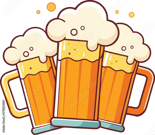 Three frothy beer mugs with foamy heads drink beverage