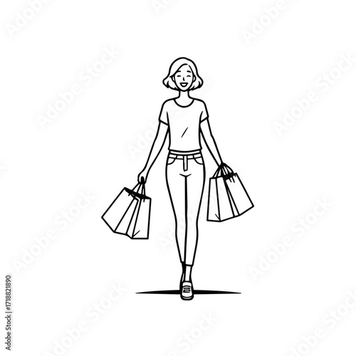 Black and white line art of a beautiful happy woman carrying shopping bags minimalist cheerful illustration