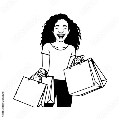 Black and white line art of a beautiful happy woman carrying shopping bags minimalist cheerful illustration
