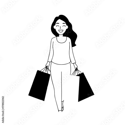 Black and white line art of a beautiful happy woman carrying shopping bags minimalist cheerful illustration