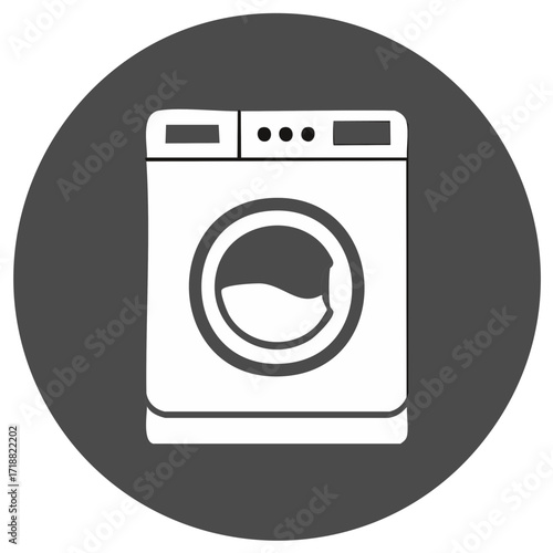 Flat design vector icon of a front-loading washing machine. Simple white laundry symbol on a grey circle.