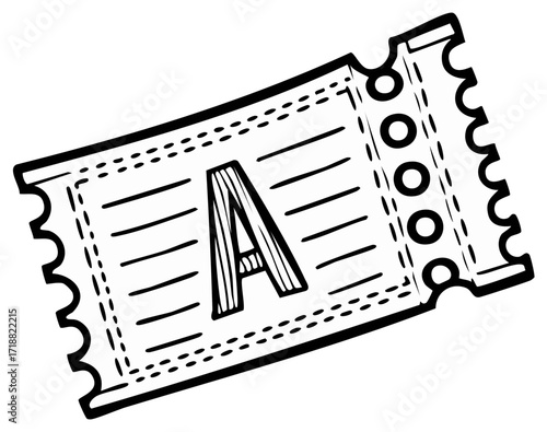 Hand-drawn illustration of a ticket with the letter A and perforated edges