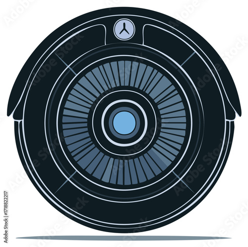 Stylized illustration of a robotic vacuum cleaner featuring a futuristic design and sleek dark blue color palette, perfect for tech themes