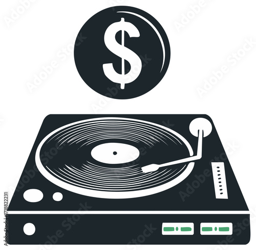 Vintage turntable plays a vinyl record, money above, illustration of making music for money.