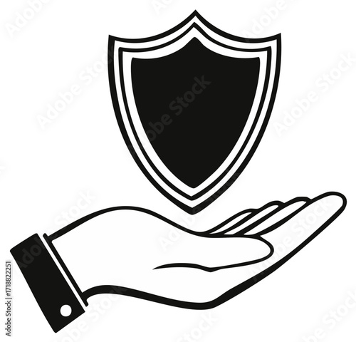 Human hand holding a protective shield icon symbolizing security safety and insurance