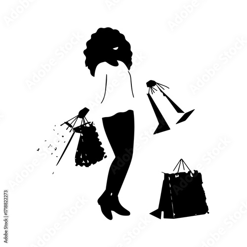 Black and white line art of a beautiful happy woman carrying shopping bags minimalist cheerful illustration