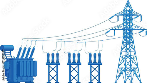Powerful electrical transformer connecting to high voltage power lines on a transmission tower.