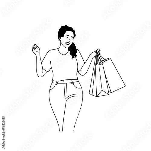 Black and white line art of a beautiful happy woman carrying shopping bags minimalist cheerful illustration