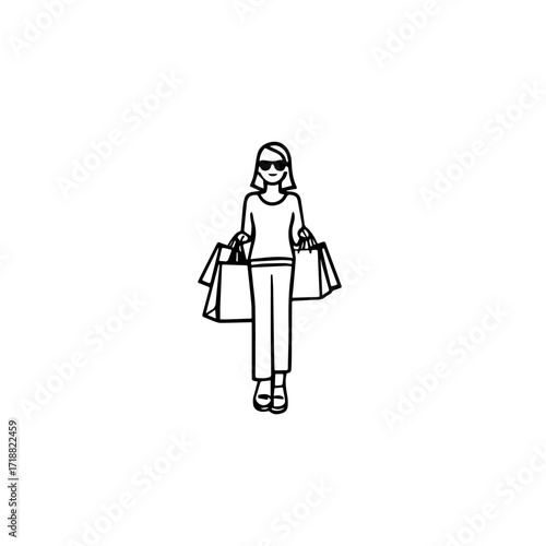 Black and white line art of a beautiful happy woman carrying shopping bags minimalist cheerful illustration