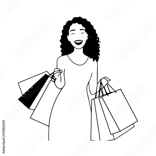 Black and white line art of a beautiful happy woman carrying shopping bags minimalist cheerful illustration