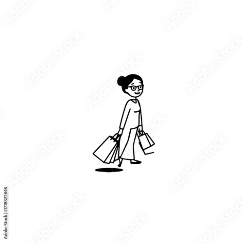 Black and white line art of a beautiful happy woman carrying shopping bags minimalist cheerful illustration