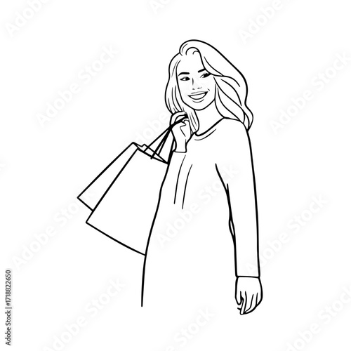 Black and white line art of a beautiful happy woman carrying shopping bags minimalist cheerful illustration