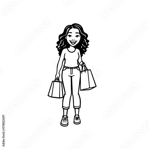 Black and white line art of a beautiful happy woman carrying shopping bags minimalist cheerful illustration