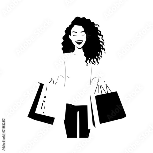 Black and white line art of a beautiful happy woman carrying shopping bags minimalist cheerful illustration