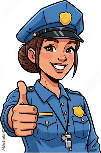 confident policewoman thumbs up approachable cartoon illustration, isolated on transparent background