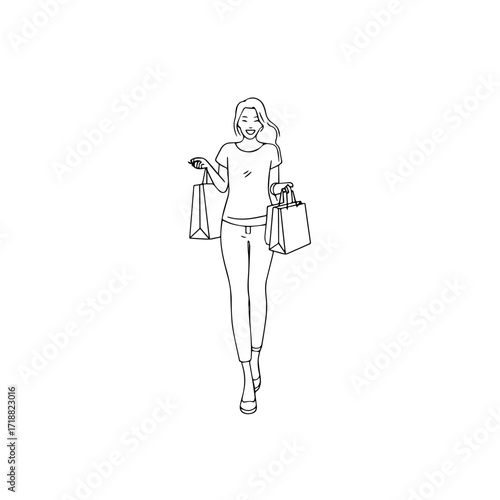Black and white line art of a beautiful happy woman carrying shopping bags minimalist cheerful illustration