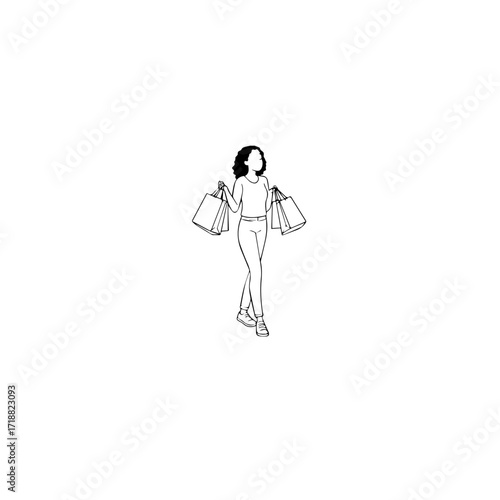 Black and white line art of a beautiful happy woman carrying shopping bags minimalist cheerful illustration