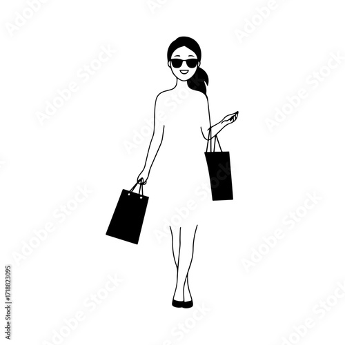 Black and white line art of a beautiful happy woman carrying shopping bags minimalist cheerful illustration