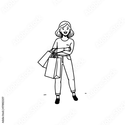 Black and white line art of a beautiful happy woman carrying shopping bags minimalist cheerful illustration