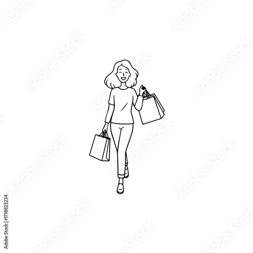 Black and white line art of a beautiful happy woman carrying shopping bags minimalist cheerful illustration