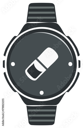 Sleek smartwatch features a white pill icon displaying health monitoring with a touch of modern design and digital wellness focus.