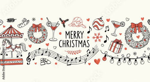 Celebrate the magic of the season with festive holiday icons like carousels, wreaths, gifts, and music notes for joyful Christmas designs