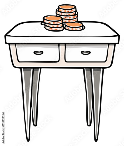 Cartoon style bedside table with drawers and stack of coins on top.