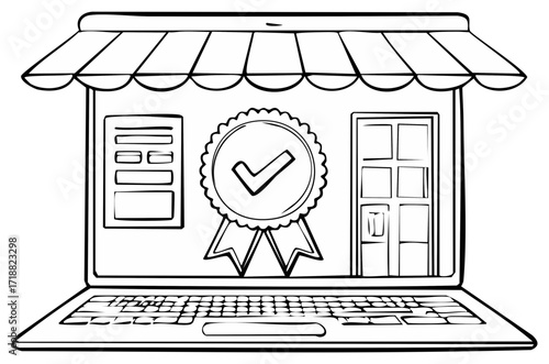 Laptop displaying an open storefront with a seal of approval and checkmark