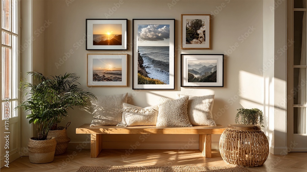 Obraz premium Image of digital photo frame syncing new pictures via internet with cloud album thumbnails visible and soft natural lighting creating a warm environment around modern decor