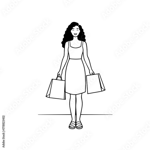 Black and white line art of a beautiful happy woman carrying shopping bags minimalist cheerful illustration