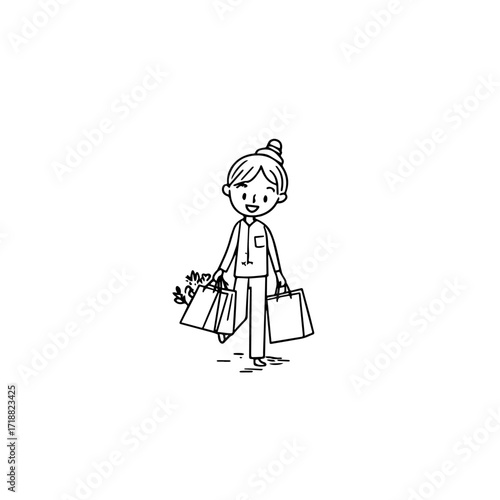 Black and white line art of a beautiful happy woman carrying shopping bags minimalist cheerful illustration