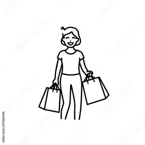 Black and white line art of a beautiful happy woman carrying shopping bags minimalist cheerful illustration