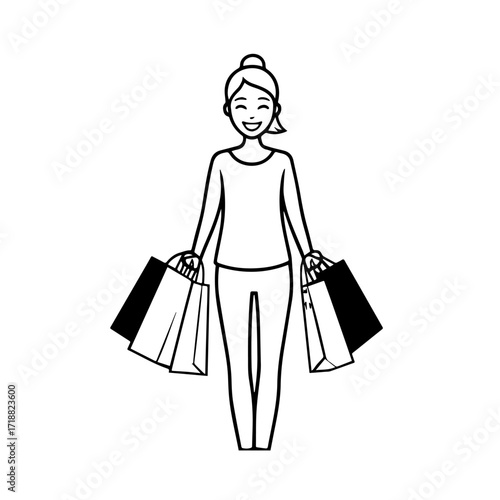 Black and white line art of a beautiful happy woman carrying shopping bags minimalist cheerful illustration