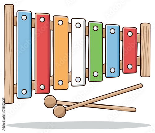 Colorful wooden xylophone toy with mallets, isolated on white.