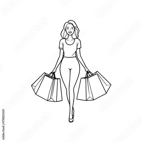 Black and white line art of a beautiful happy woman carrying shopping bags minimalist cheerful illustration