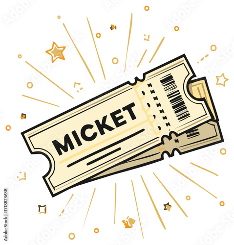 Vintage admission tickets illustration with celebratory golden stars and sparkles for an event