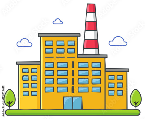 Cartoon illustration of a factory building with chimney, clouds and trees