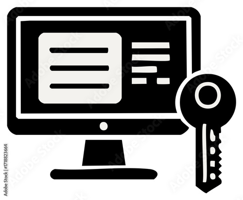 Computer Monitor with Key Icon Representing Digital Security and Access