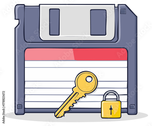 Floppy disk with key and padlock representing data protection and security