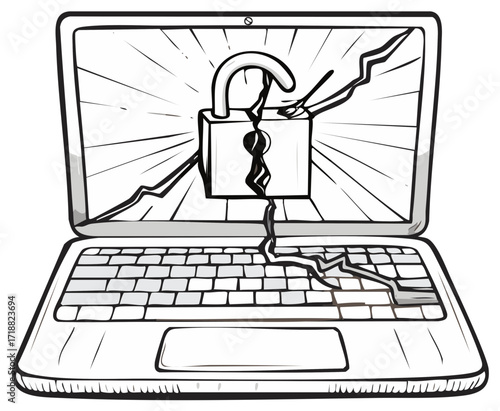 Cyber security breach concept with a cracked laptop and a broken unlocked padlock illustration