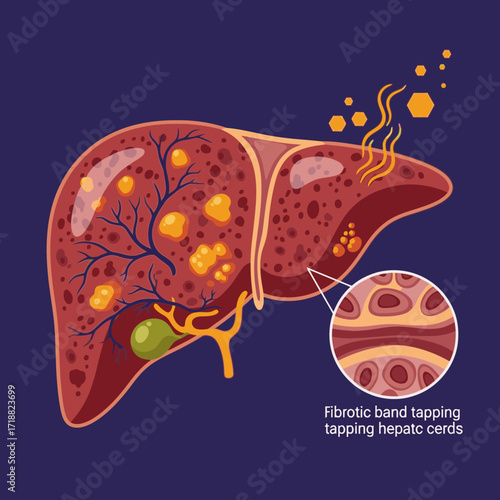 Liver disease illustration showcasing fibrotic bands, tapping hepatc cerds, and symptoms for health education and medical research, a modern visual aid