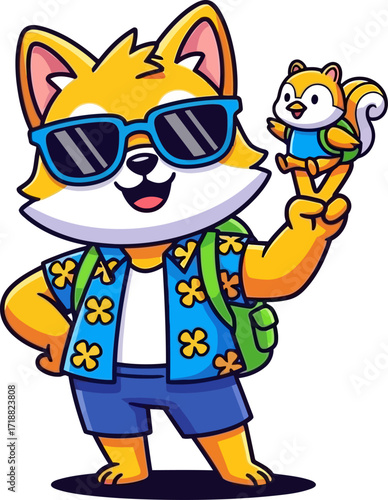 cool shiba inus tropical vacation a tiny squirrel friend joins the adventure, isolated on transparent background